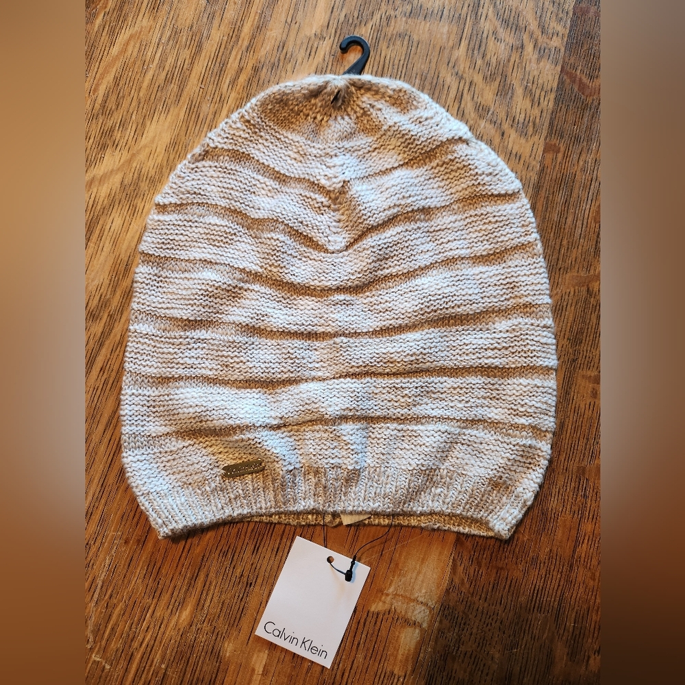 NWT Calvin Klein Knit Beanie Hat Slouchy Heathered Almond Ribbed